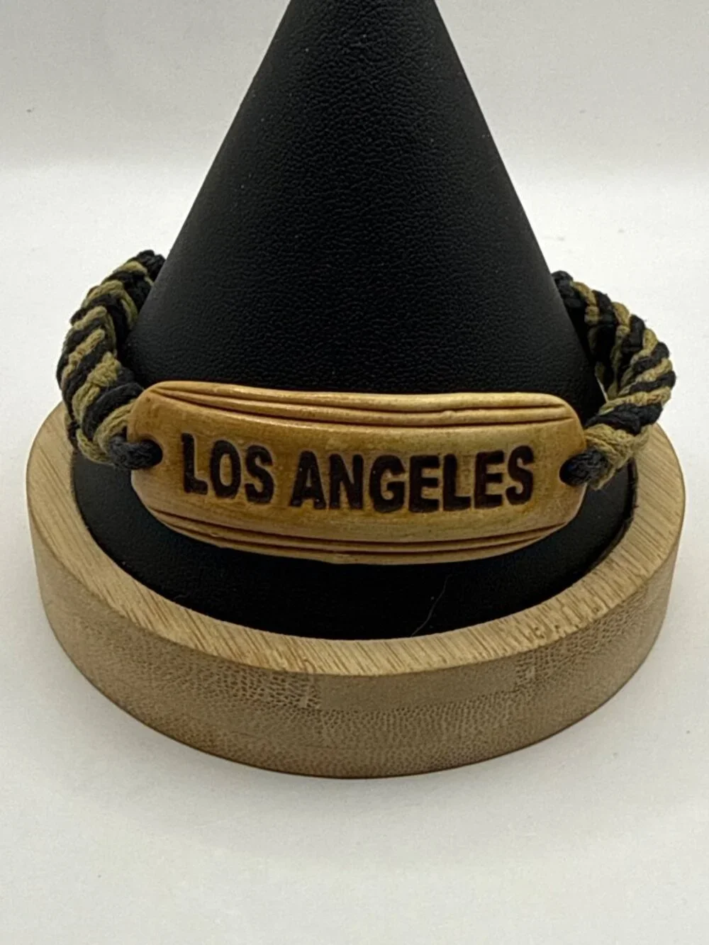 Los Angeles Carved Wood Plate Woven Cord Souvenir Boho Surfer Bracelet